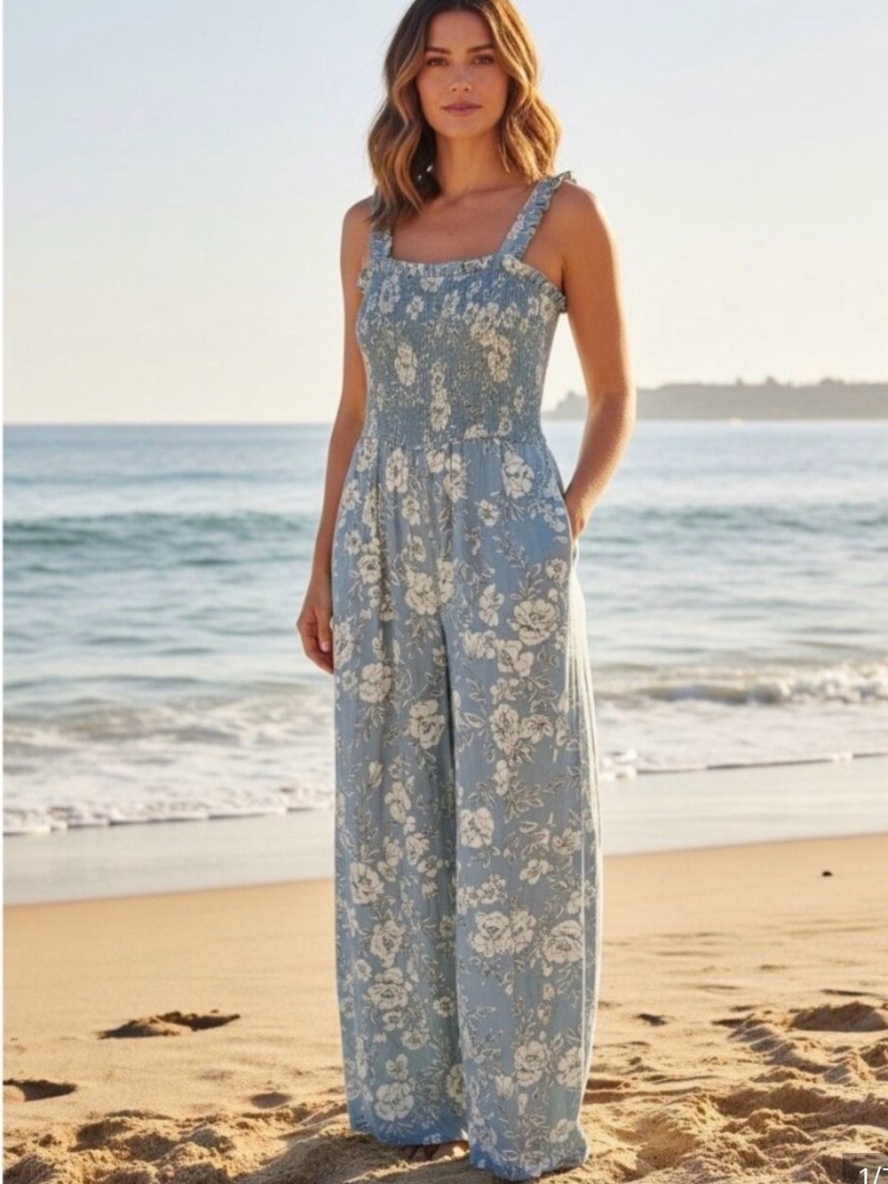 Patrons of Peace Light Blue Floral Smocked Wide-Leg Jumpsuit